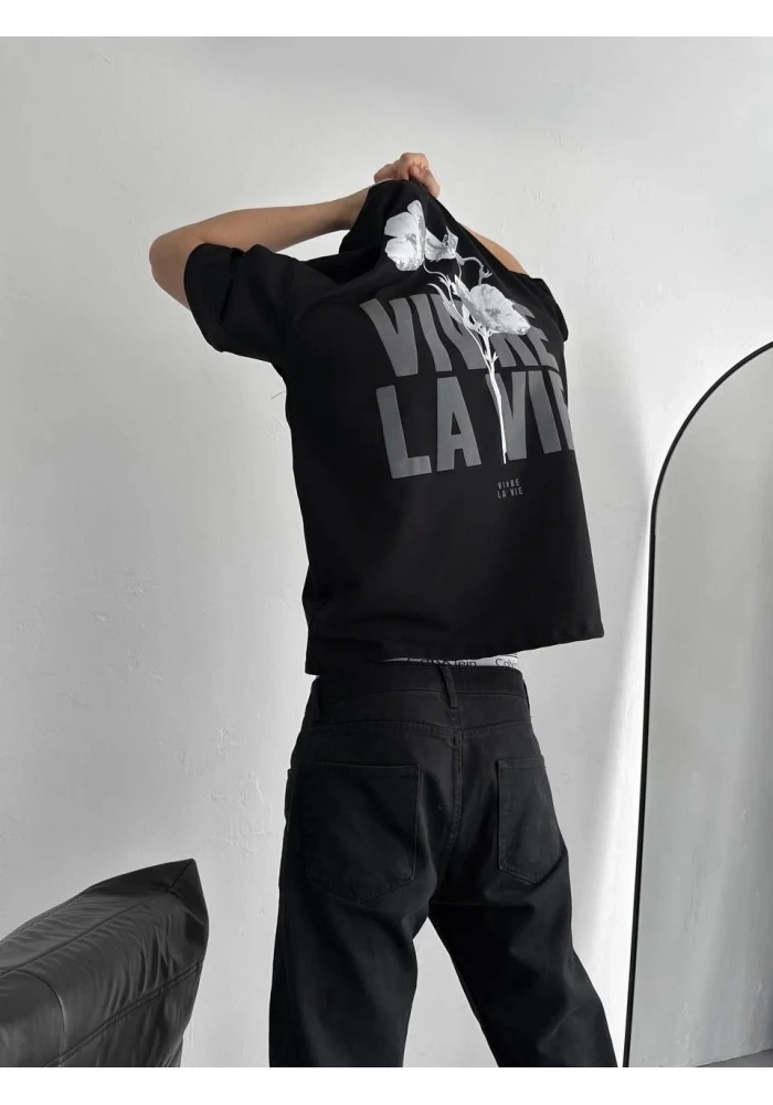 Erkek Ön ve Arka Baskılı T-Shirt Kısa Kol Bisiklet Yaka Regular Fit Tişört -  Siyah