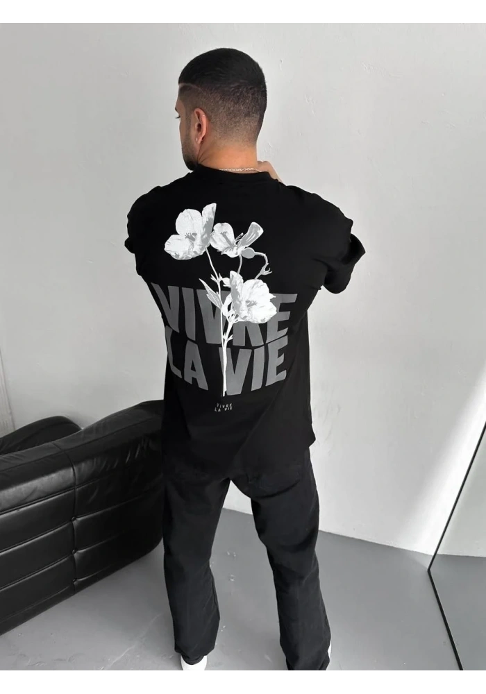 Erkek Ön ve Arka Baskılı T-Shirt Kısa Kol Bisiklet Yaka Regular Fit Tişört -  Siyah