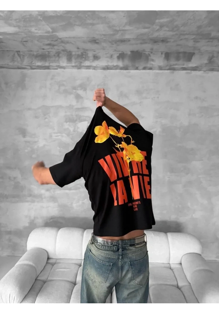 Erkek Ön ve Arka Baskılı T-Shirt Kısa Kol Bisiklet Yaka Regular Fit Tişört - Siyah