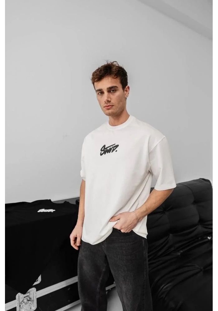 Erkek Tişört Yazlık Baskılı Oversize Kısa kol T-Shirt - Beyaz