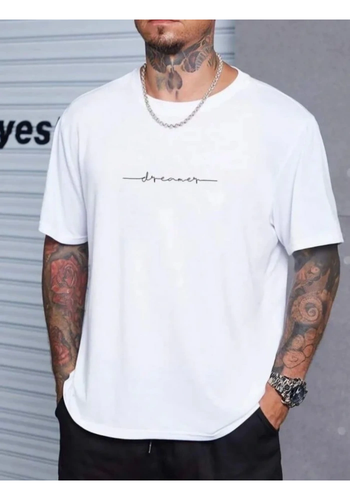 Erkek Baskılı T-Shirt Kısa Kol Bisiklet Yaka Regular Fit Rahat Kalıp Tişört - Beyaz