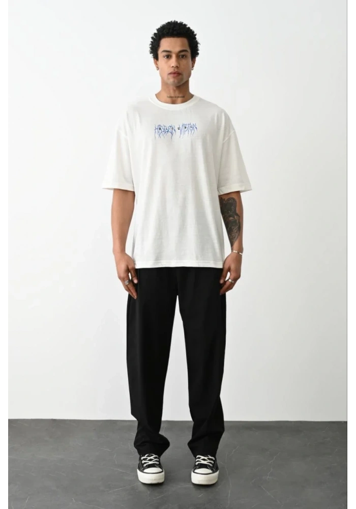 Erkek Kısa Kol Yazlık Tişört Bisiklet Yaka Baskılı Oversize T-Shirt -  Beyaz