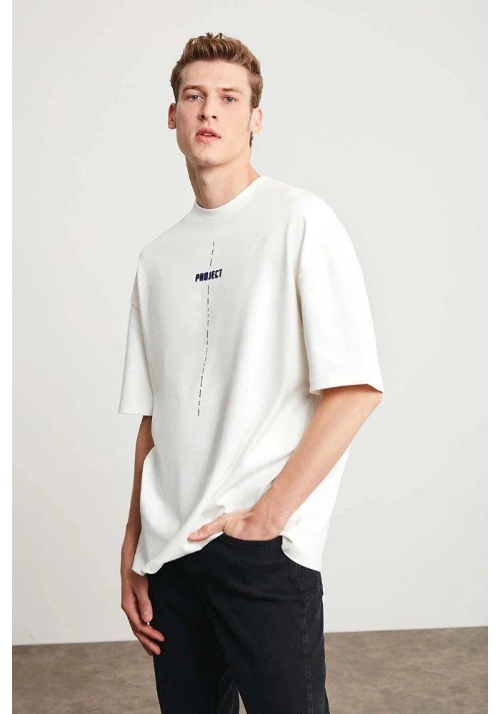 Erkek Baskılı T-Shirt Kısa Kol Bisiklet Yaka Regular Fit Rahat Kalıp Tişört - Beyaz