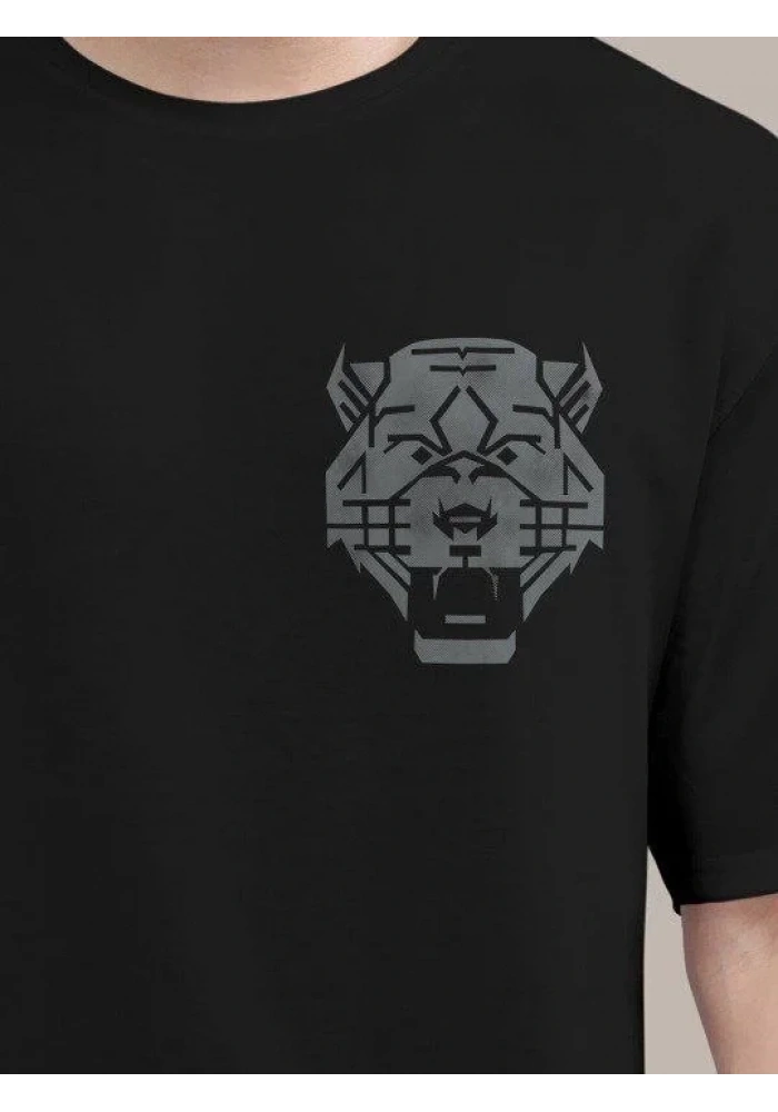 Erkek Kısa Kol Yazlık Tişört Bisiklet Yaka ASLAN Baskılı T-Shirt - Siyah