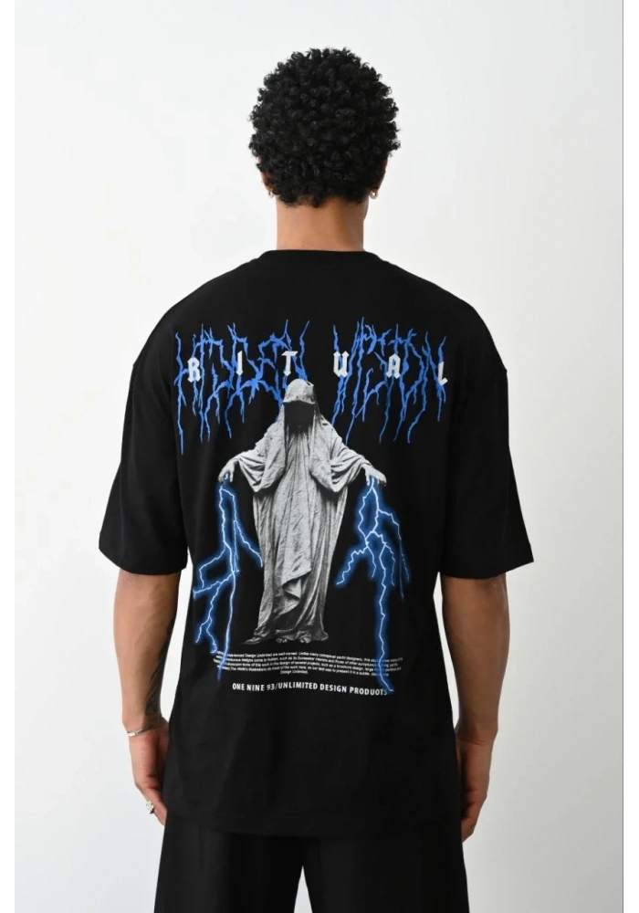 Erkek Baskılı Oversize  Kısa kol T-Shirt - Siyah