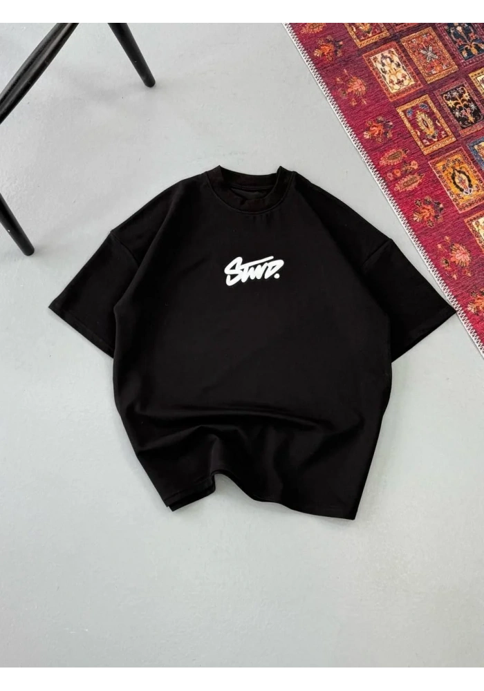 Erkek Kısa Kol Yazlık Tişört Bisiklet Yaka Baskılı Oversize T-Shirt - Siyah