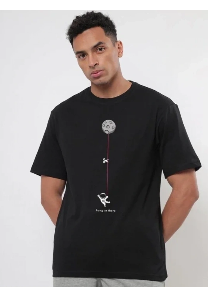 Erkek Baskılı T-Shirt Kısa Kol Bisiklet Yaka Regular Fit Rahat Kalıp Tişört - Siyah