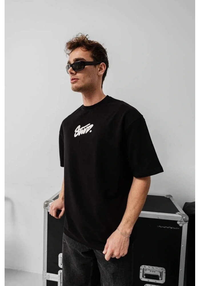 Erkek Kısa Kol Yazlık Tişört Bisiklet Yaka Baskılı Oversize T-Shirt - Siyah