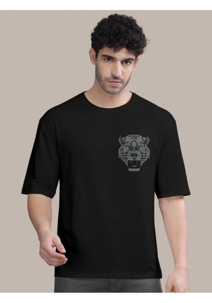 Erkek Kısa Kol Yazlık Tişört Bisiklet Yaka ASLAN Baskılı T-Shirt - Siyah