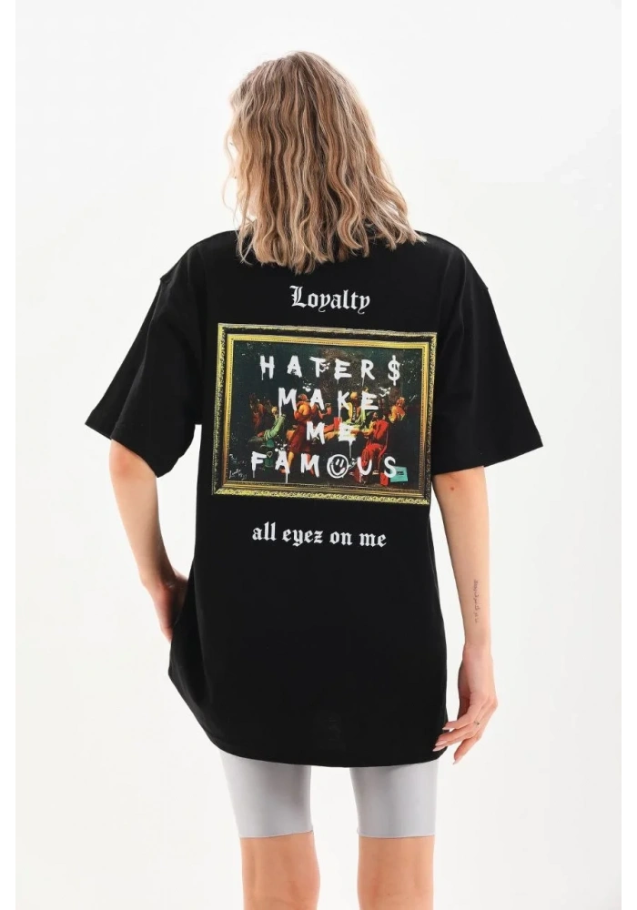 Kadın Kısa Kol Yazlık Tişört Bisiklet Yaka Baskılı Oversize T-Shirt - Siyah