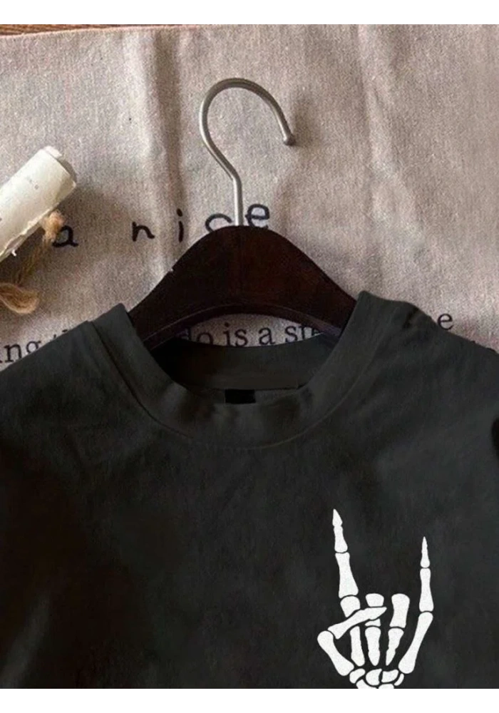 Erkek Baskılı T-Shirt Kısa Kol Bisiklet Yaka Regular Fit Rahat Kalıp Tişört - Siyah