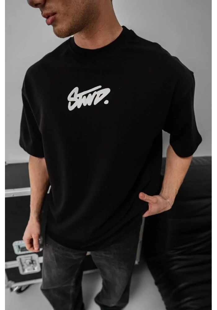 Erkek Kısa Kol Yazlık Tişört Bisiklet Yaka Baskılı Oversize T-Shirt - Siyah