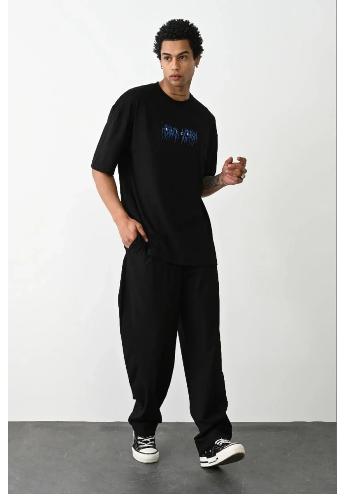 Erkek Baskılı Oversize  Kısa kol T-Shirt - Siyah