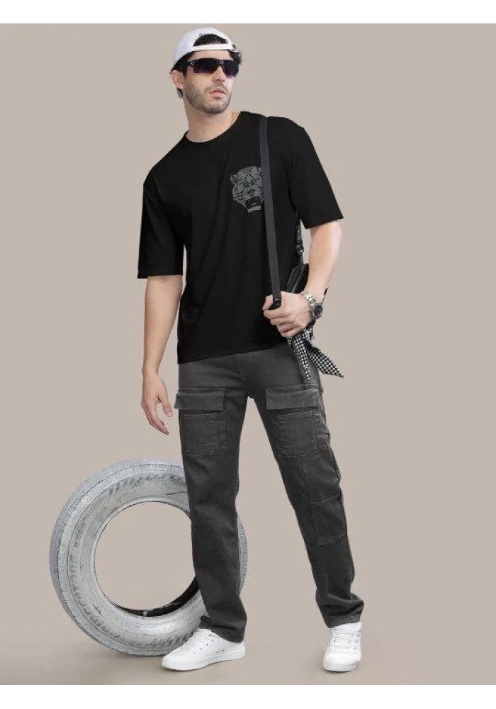 Erkek Kısa Kol Yazlık Tişört Bisiklet Yaka ASLAN Baskılı T-Shirt - Siyah