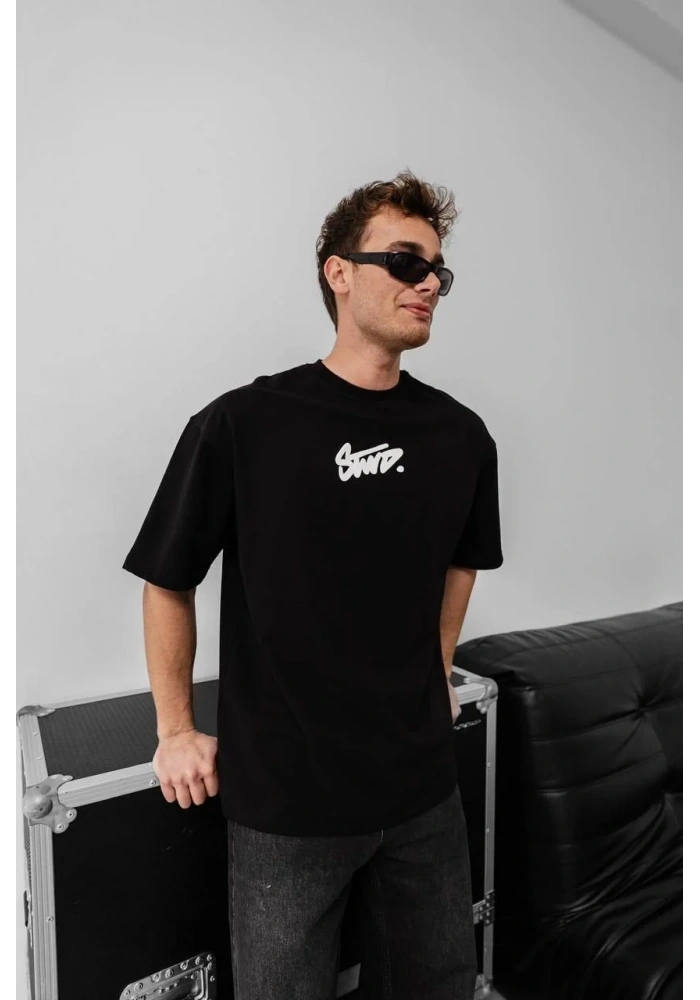 Erkek Kısa Kol Yazlık Tişört Bisiklet Yaka Baskılı Oversize T-Shirt - Siyah