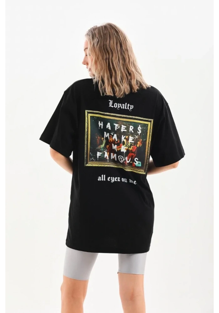 Kadın Kısa Kol Yazlık Tişört Bisiklet Yaka Baskılı Oversize T-Shirt - Siyah