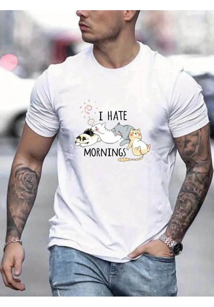 Erkek Baskılı T-Shirt Kısa Kol Bisiklet Yaka Regular Fit Rahat Kalıp Günlük Tişört - Beyaz