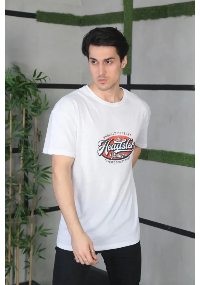 Erkek Baskılı T-Shirt Kısa Kol Bisiklet Yaka Regular Fit Rahat Kalıp Günlük Tişört - Beyaz