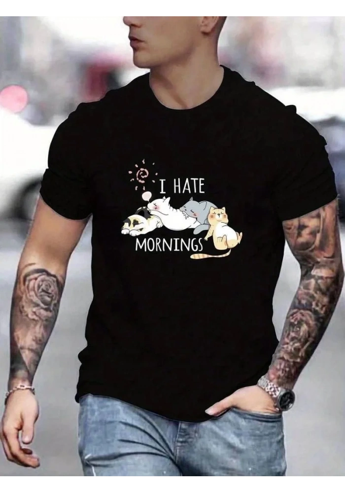 Erkek Baskılı T-Shirt Kısa Kol Bisiklet Yaka Regular Fit Rahat Kalıp Günlük Tişört - Siyah