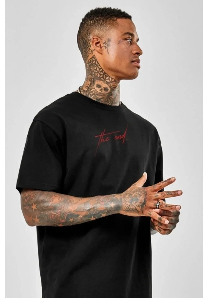 Erkek Baskılı T-Shirt Kısa Kol Bisiklet Yaka Regular Fit Rahat Kalıp Günlük Tişört - Siyah