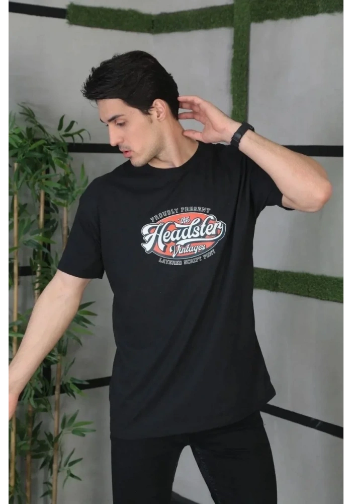 Erkek Baskılı T-Shirt Kısa Kol Bisiklet Yaka Regular Fit Rahat Kalıp Günlük Tişört - Siyah