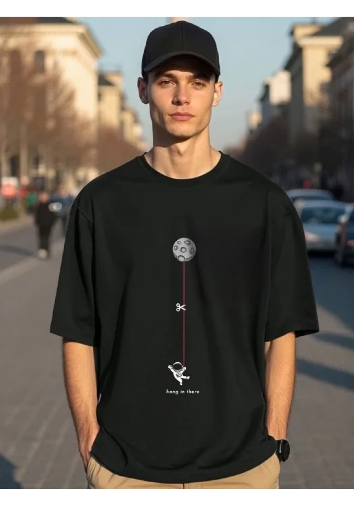 Erkek Baskılı Oversize T-shirt - Siyah