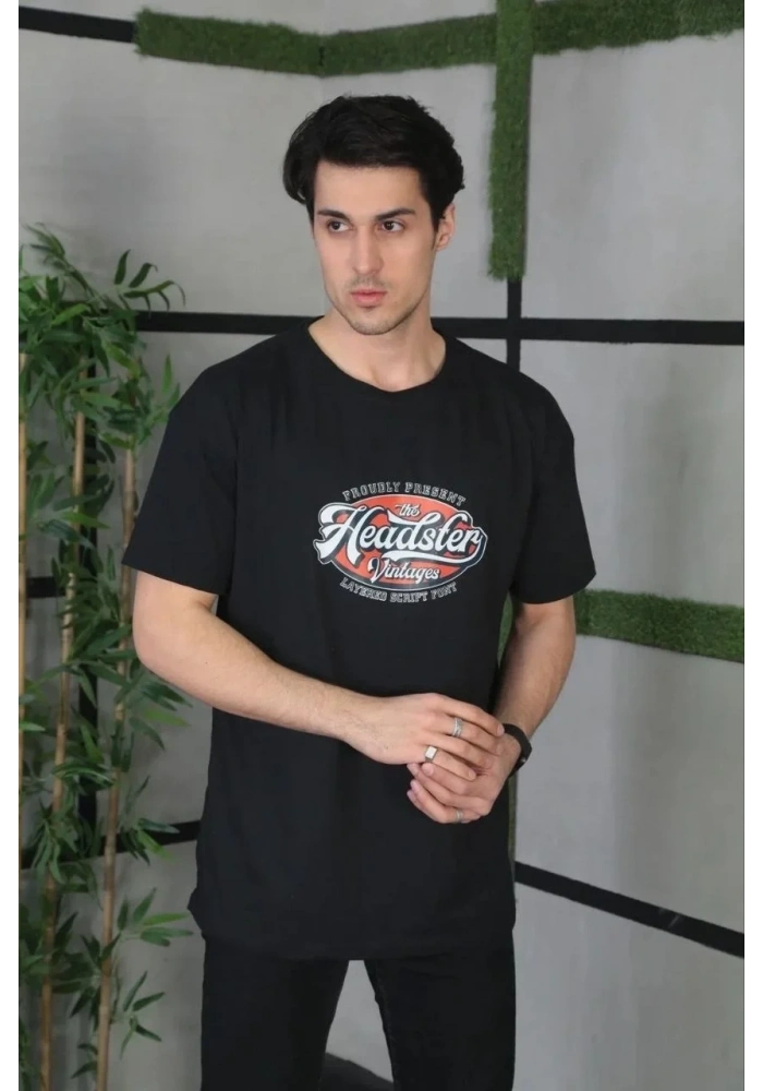 Erkek Baskılı T-Shirt Kısa Kol Bisiklet Yaka Regular Fit Rahat Kalıp Günlük Tişört - Siyah