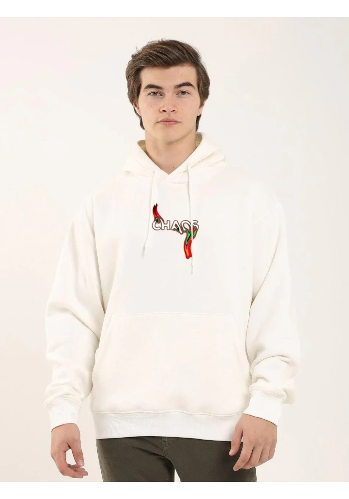Erkek 3 İplik Pamuklu Kapüşonlu Baskılı Cepli Oversize Sweatshirt Hoodie - Beyaz