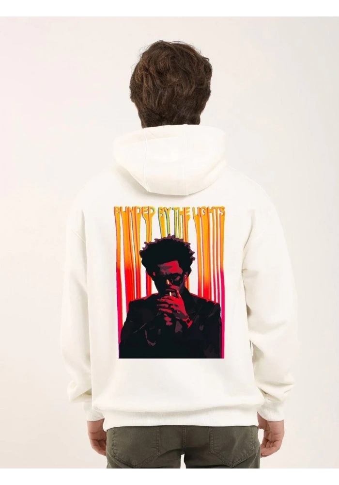 Erkek 3 İplik Pamuklu Kapüşonlu Baskılı Cepli Oversize Sweatshirt Hoodie - Beyaz