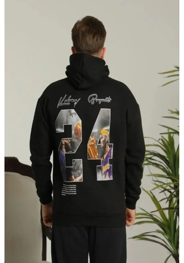 Erkek Baskılı Oversize Üç İplik Kapüşonlu Sweatshirt - Siyah