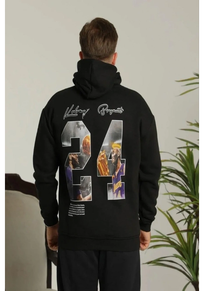 Erkek 3 İplik Pamuklu Kapüşonlu Baskılı Cepli Oversize Sweatshirt Hoodie - Siyah