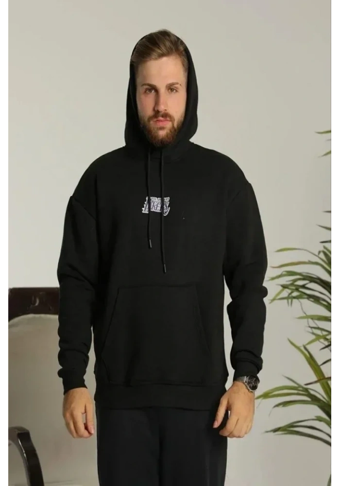 Erkek Baskılı Oversize Üç İplik Kapüşonlu Sweatshirt - Siyah