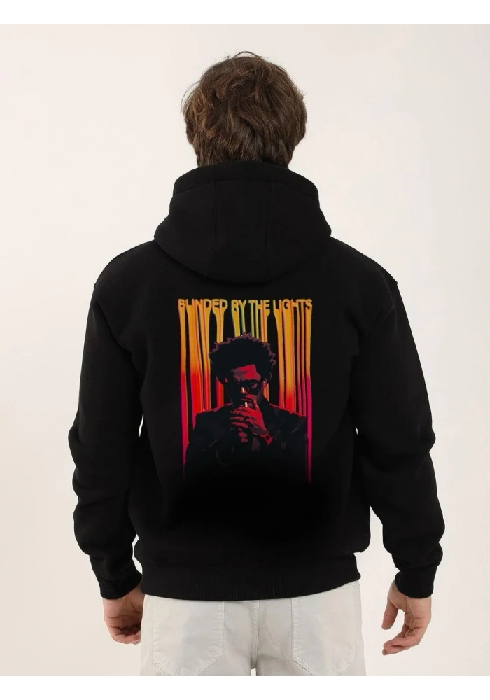 Erkek 3 İplik Pamuklu Kapüşonlu Baskılı Cepli Oversize Sweatshirt Hoodie - Siyah