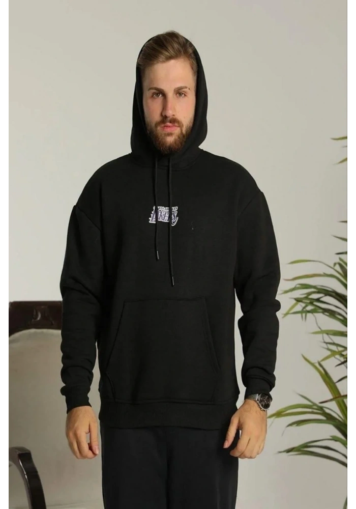Erkek Baskılı Oversize Üç İplik Kapüşonlu Sweatshirt - Siyah