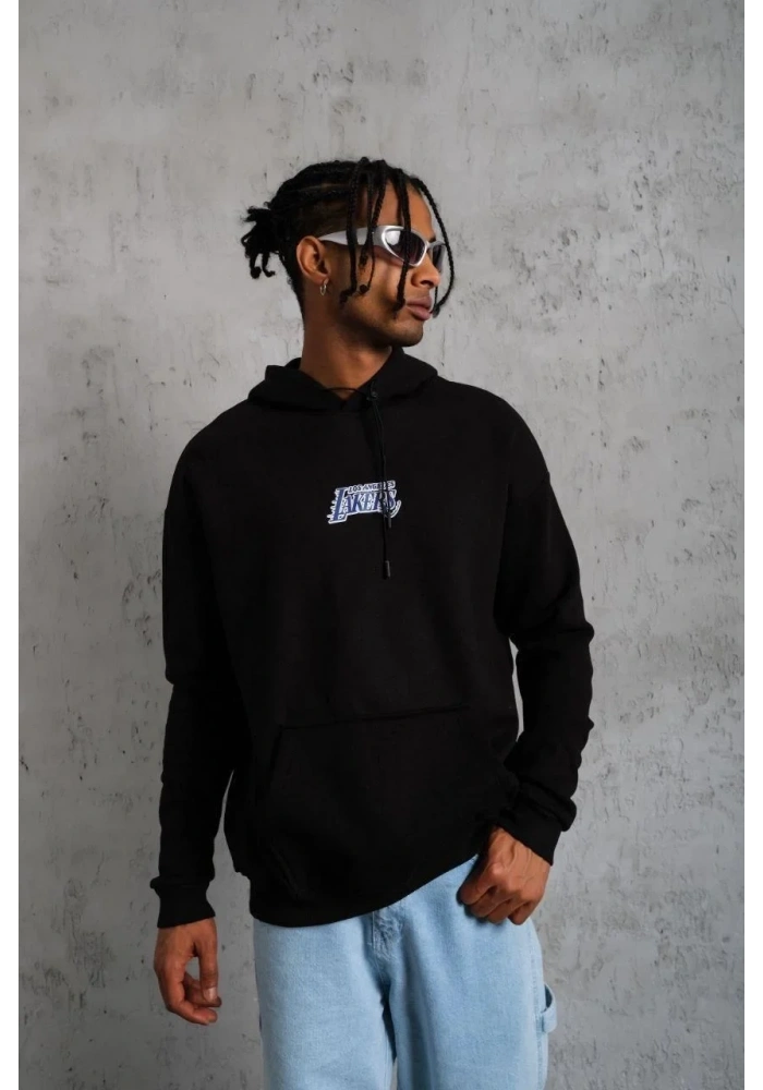 Erkek Baskılı Oversize Üç İplik Kapüşonlu Sweatshirt - Siyah