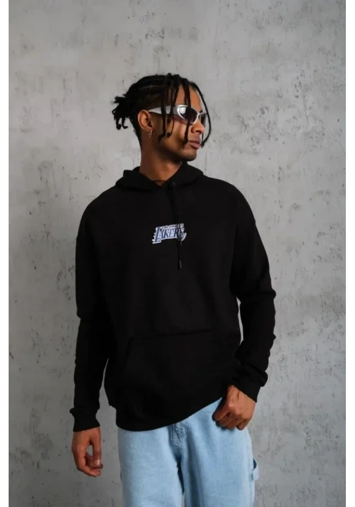Erkek Baskılı Oversize Üç İplik Kapüşonlu Sweatshirt - Siyah