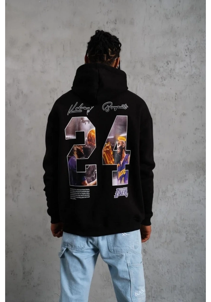 Erkek 3 İplik Pamuklu Kapüşonlu Baskılı Cepli Oversize Sweatshirt Hoodie - Siyah