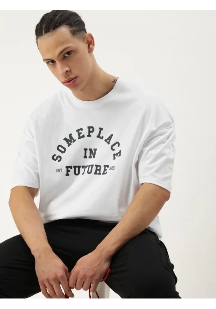 Erkek Kısa Kol Yazlık Tişört Bisiklet Yaka Baskılı Oversize T-Shirt - Beyaz