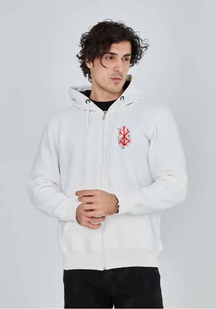 Erkek 3 İplik Pamuklu Kapüşonlu Tam Fermuarlı Cepli Hoodie Sweatshirt - Beyaz