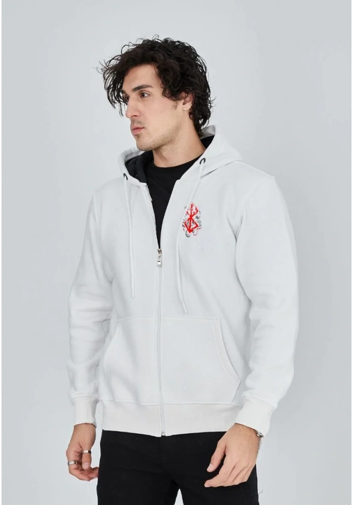 Erkek 3 İplik Pamuklu Kapüşonlu Tam Fermuarlı Cepli Hoodie Sweatshirt - Beyaz