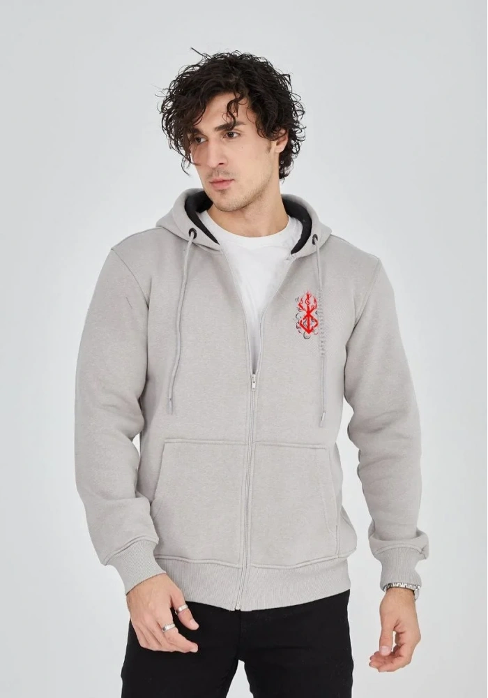 Erkek 3 İplik Pamuklu Kapüşonlu Tam Fermuarlı Cepli Hoodie Sweatshirt - Boyalı Gri