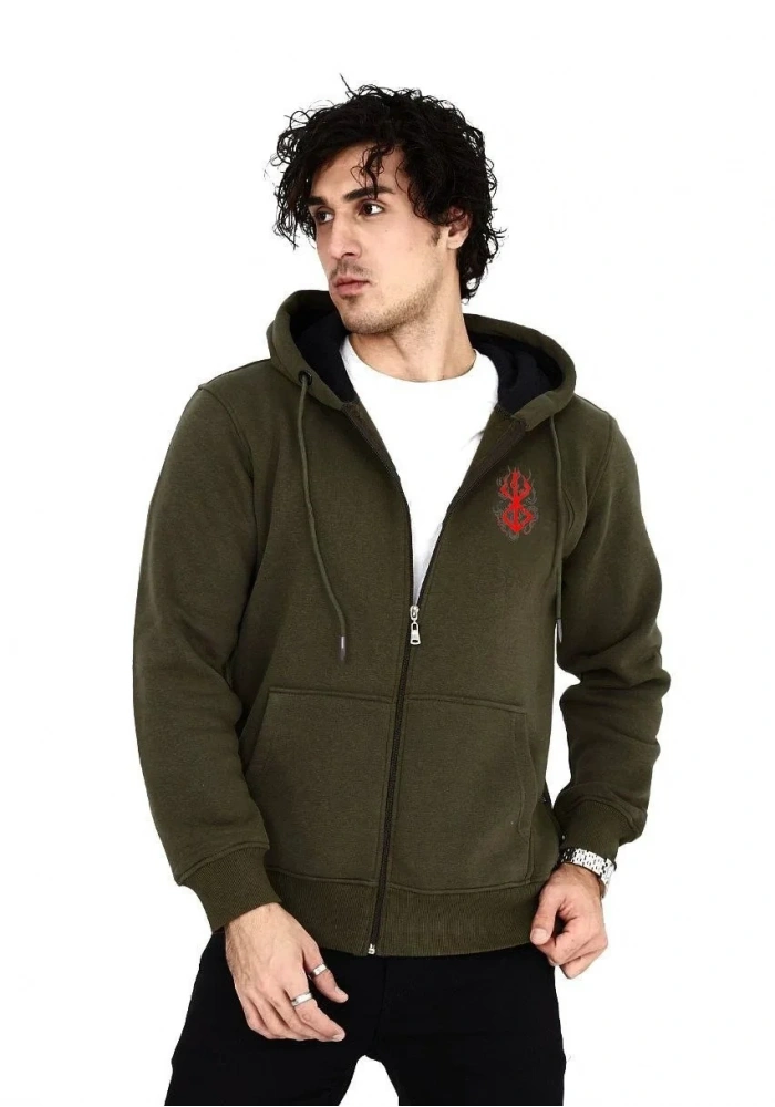 Erkek 3 İplik Pamuklu Kapüşonlu Tam Fermuarlı Cepli Hoodie Sweatshirt - Haki
