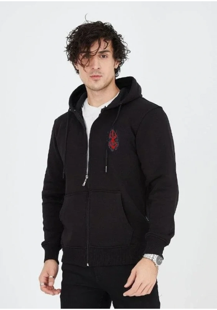 Erkek 3 İplik Pamuklu Kapüşonlu Tam Fermuarlı Cepli Hoodie Sweatshirt - Siyah
