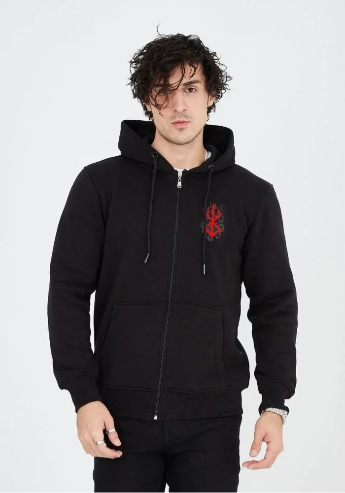 Erkek 3 İplik Pamuklu Kapüşonlu Tam Fermuarlı Cepli Hoodie Sweatshirt - Siyah