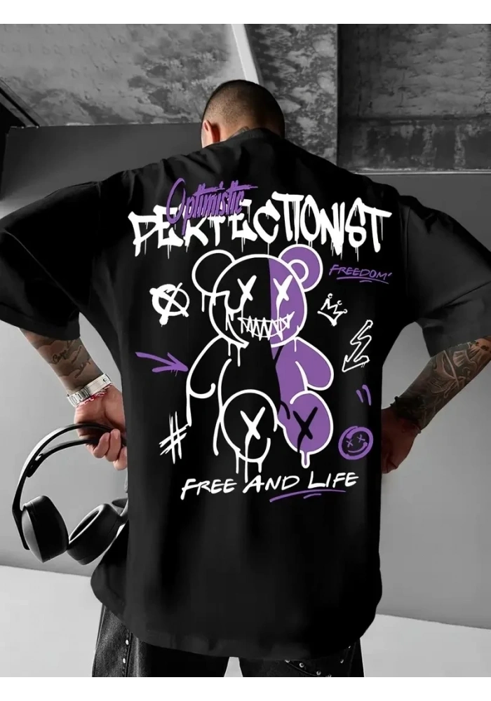 Erkek T-shirt Baskılı Bisiklet Yaka Kısa Kol Tişört - Siyah