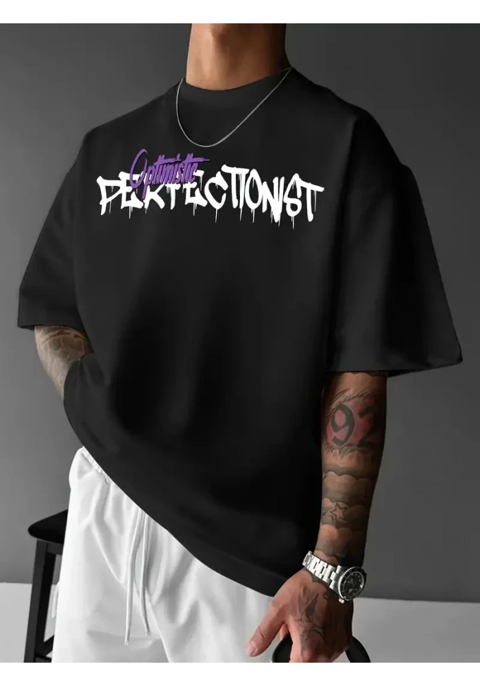 Erkek T-shirt Baskılı Bisiklet Yaka Kısa Kol Tişört - Siyah