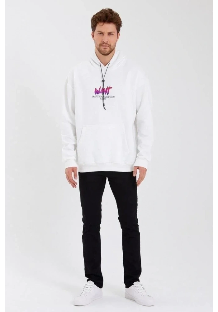 Erkek 3 İplik Pamuklu Kapüşonlu Baskılı Cepli Oversize Sweatshirt Hoodie - Beyaz