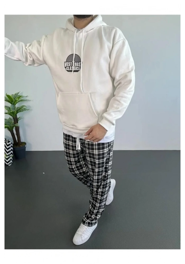 Erkek 3 İplik Pamuklu Kapüşonlu Baskılı Cepli Oversize Sweatshirt Hoodie - Beyaz