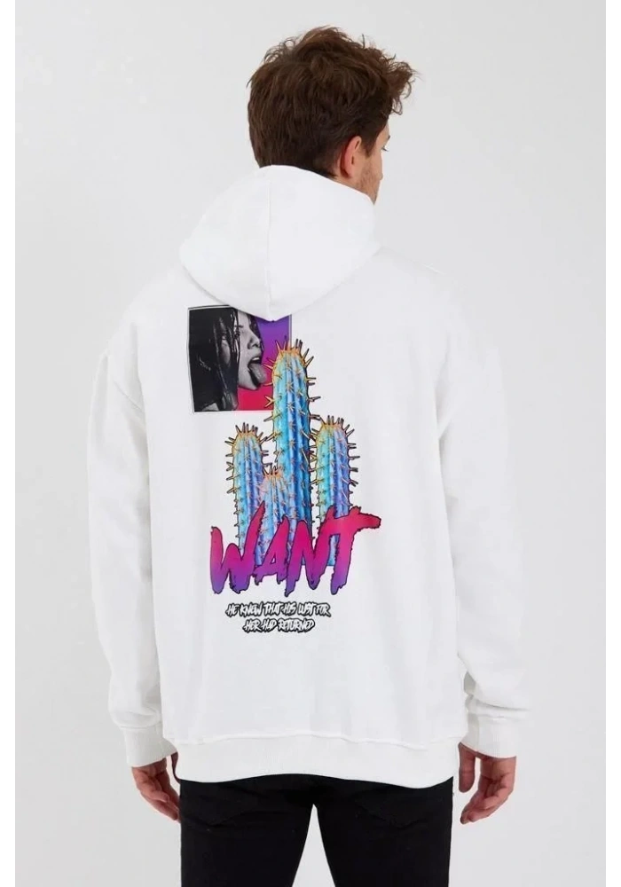 Erkek 3 İplik Pamuklu Kapüşonlu Baskılı Cepli Oversize Sweatshirt Hoodie - Beyaz