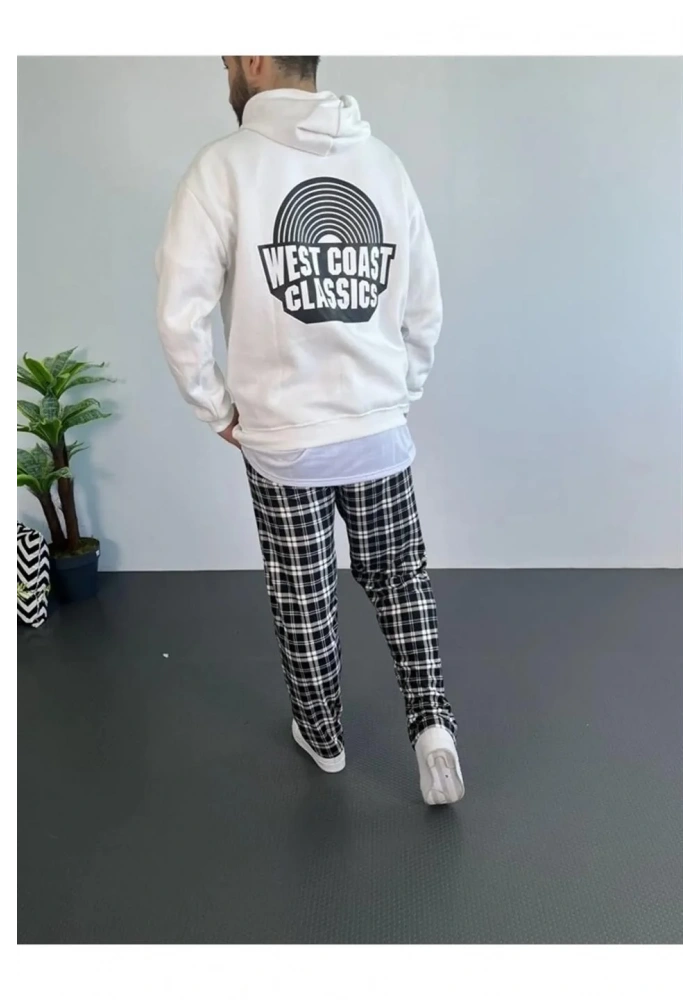 Erkek Baskılı Üç İplik Kapüşonlu Oversize Sweatshirt - Beyaz